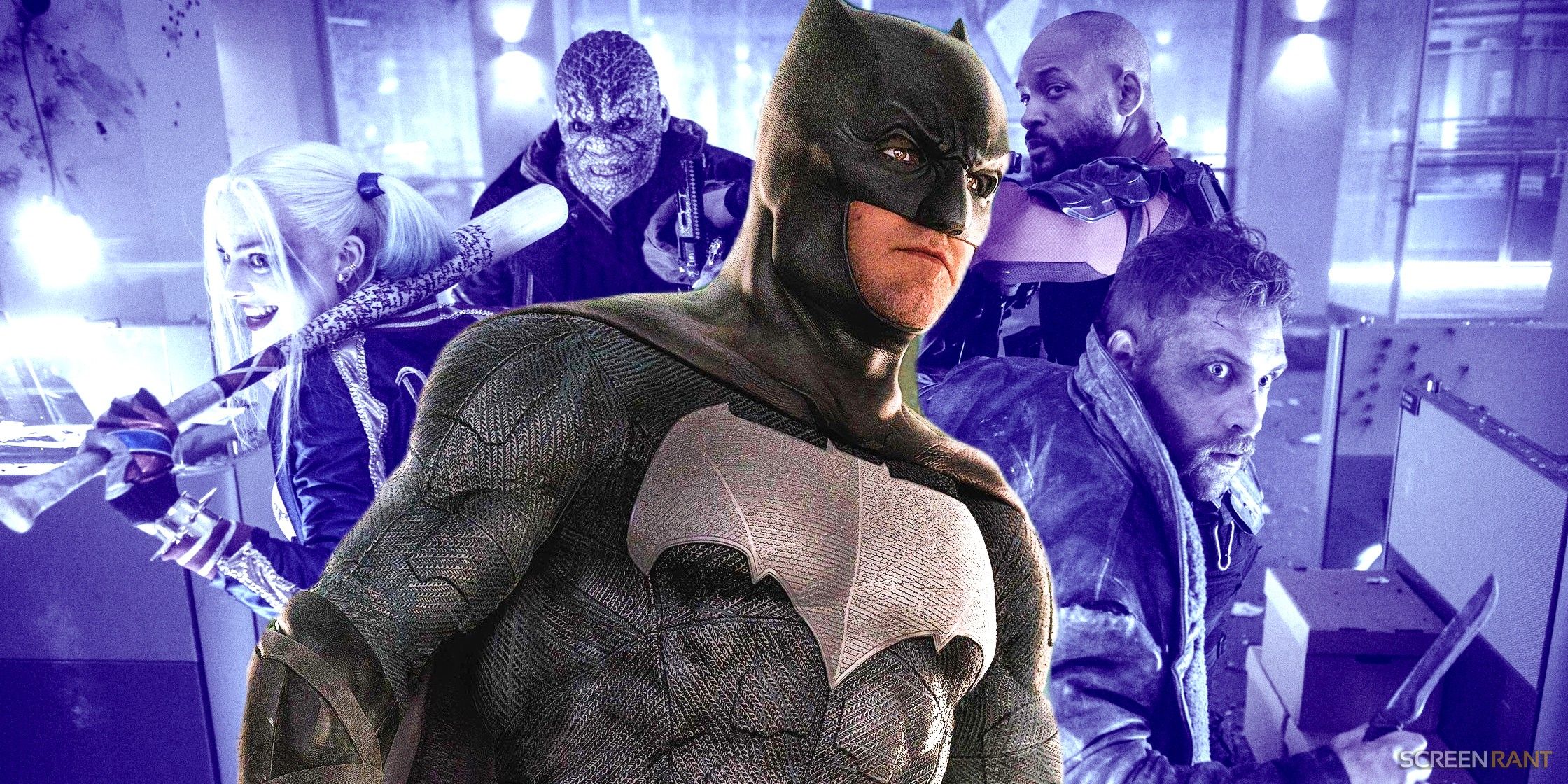 Ben Affleck As Batman In Full Costume Looking Down With The Backdrop Of 2016&rsquo;s Suicide Squad Cast Poised And Ready To Fight