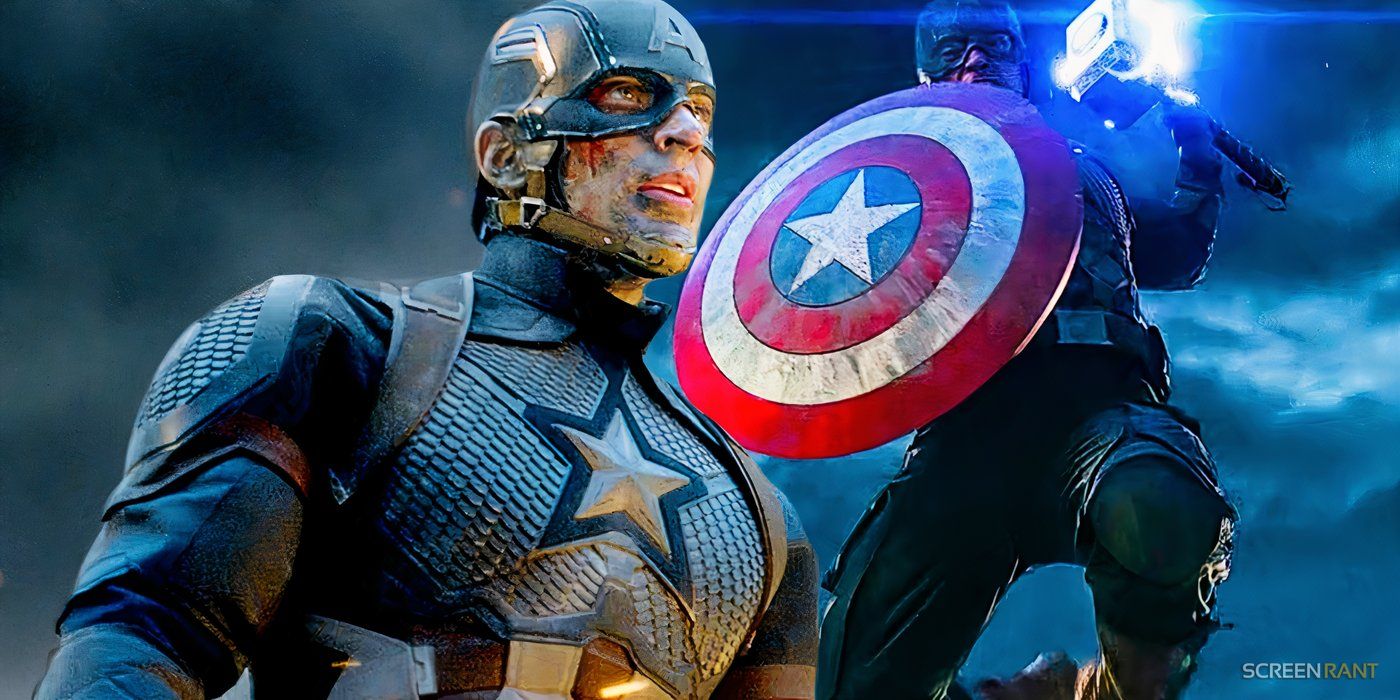 Captain America yang diperankan Chris Evans terlihat lelah dan melompat dengan perisai dan Mjolnir di Avengers: Endgame