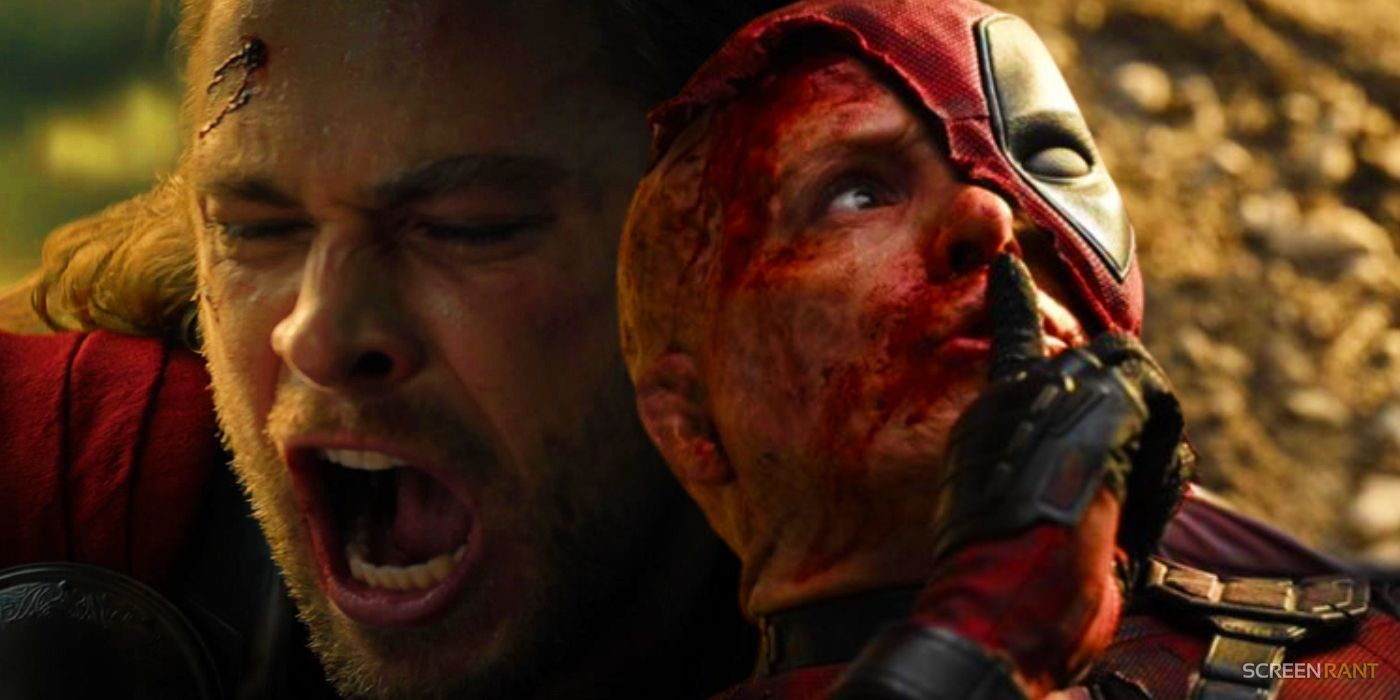 Chris Hemsworth as Thor next to a dying Deadpool