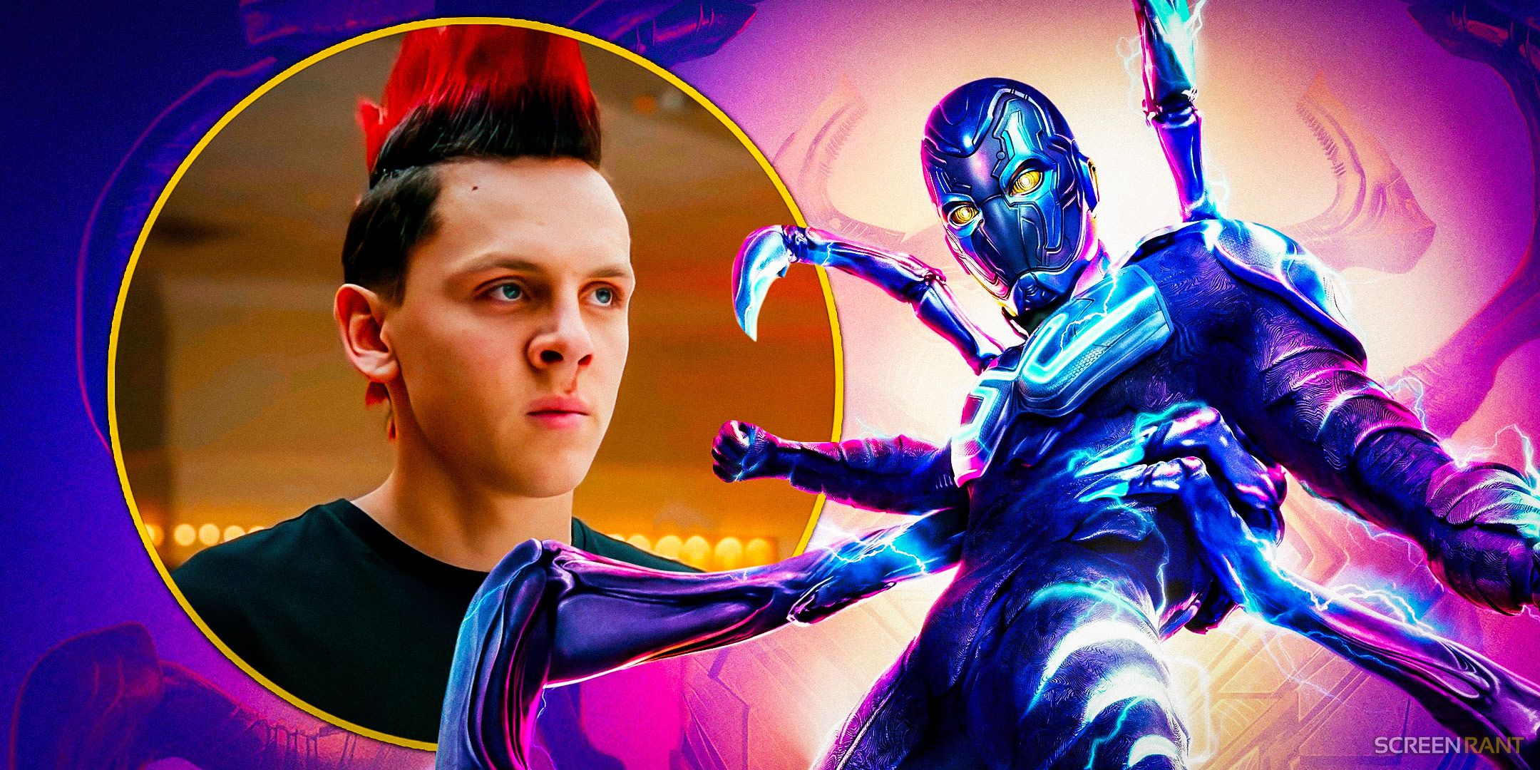 Jacob Bertrand from Cobra Kai with Xolo Maridueña as Blue Beetle