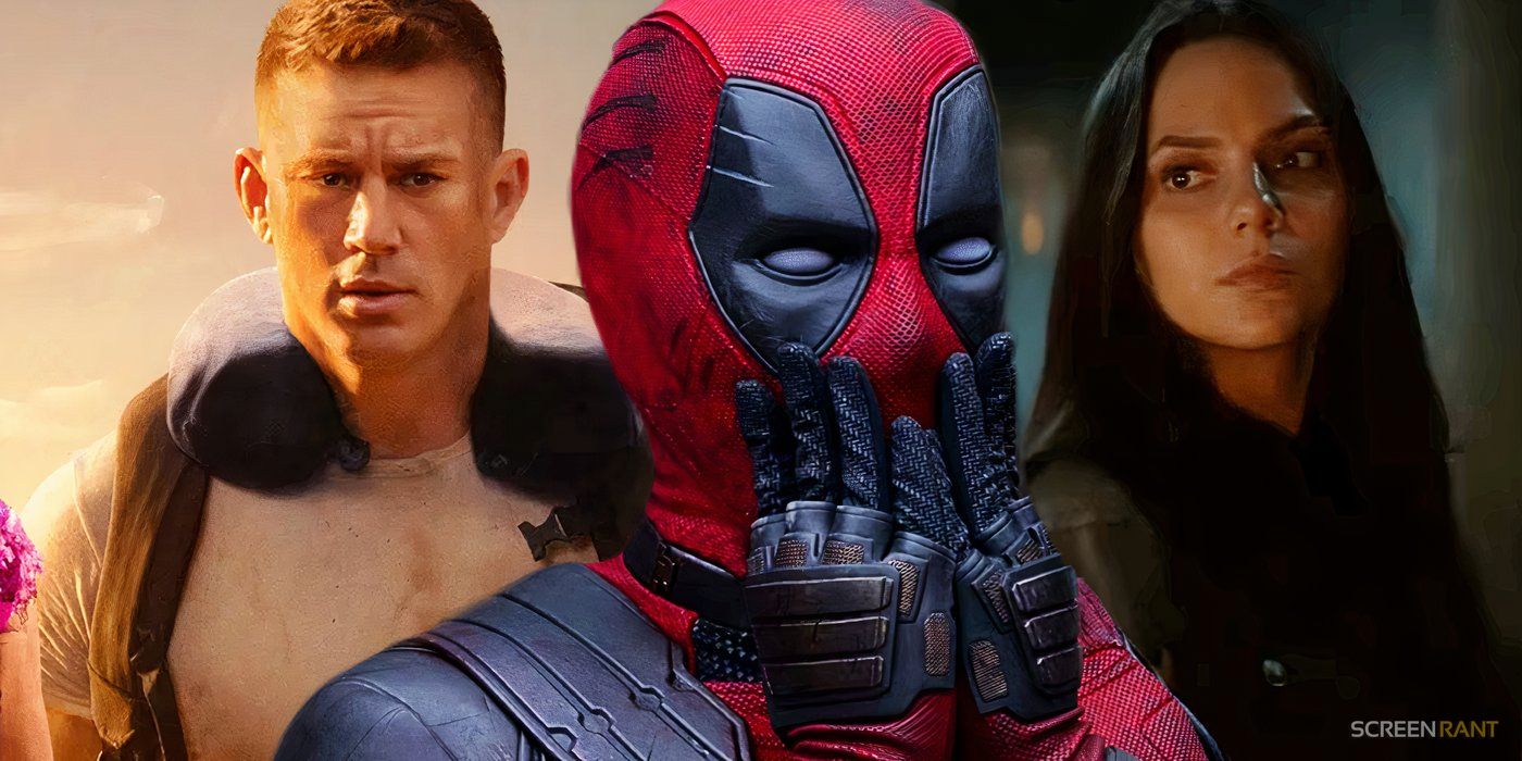Deadpool looking shocked in Deadpool &amp; Wolverine with Channing Tatum from The Lost City of D and Dafne Keen&rsquo;s X-23 from Deadpool &amp; Wolverine at each side