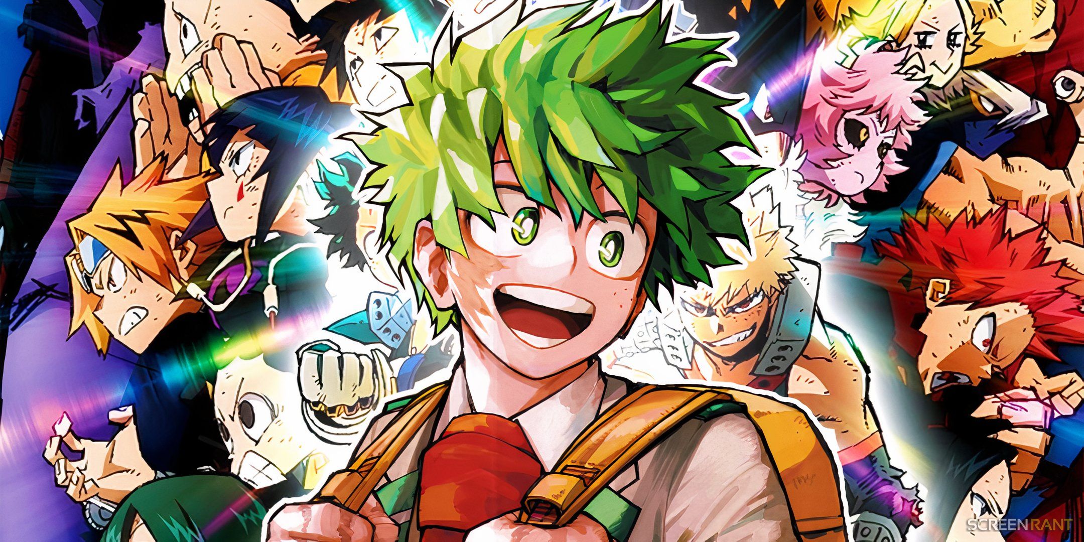 deku sorrindo olhando para o lado com a classe 1a ao fundo do pôster de My Hero Academia Heroes Rise