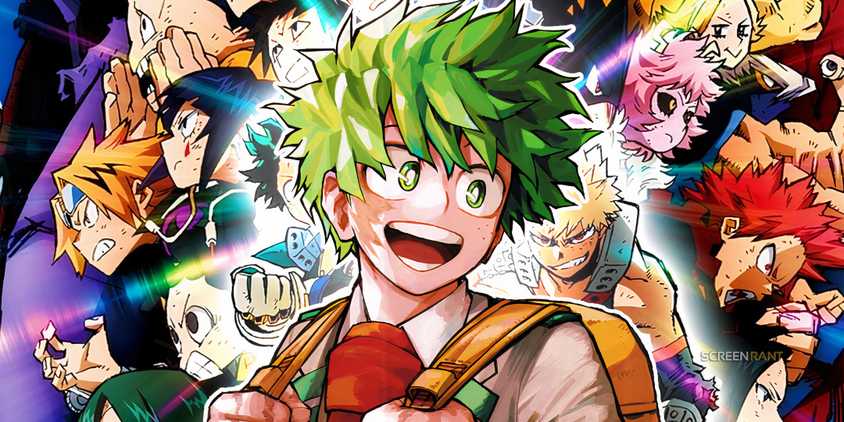 deku smiling looking off to the side with class 1 a in the background from the poster of my hero academia heroes rising