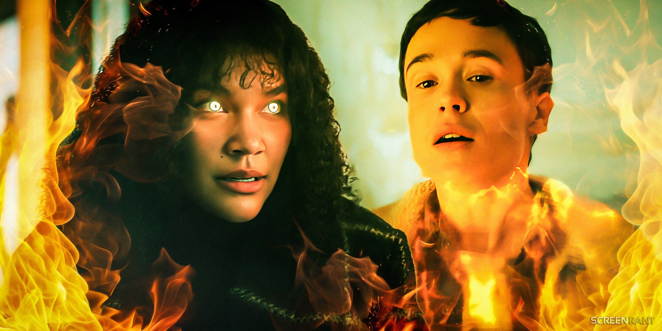 Emmy Raver-Lampman as Allison using her powers and Elliot Page as Viktor surrounded by fire in The Umbrella Academy.