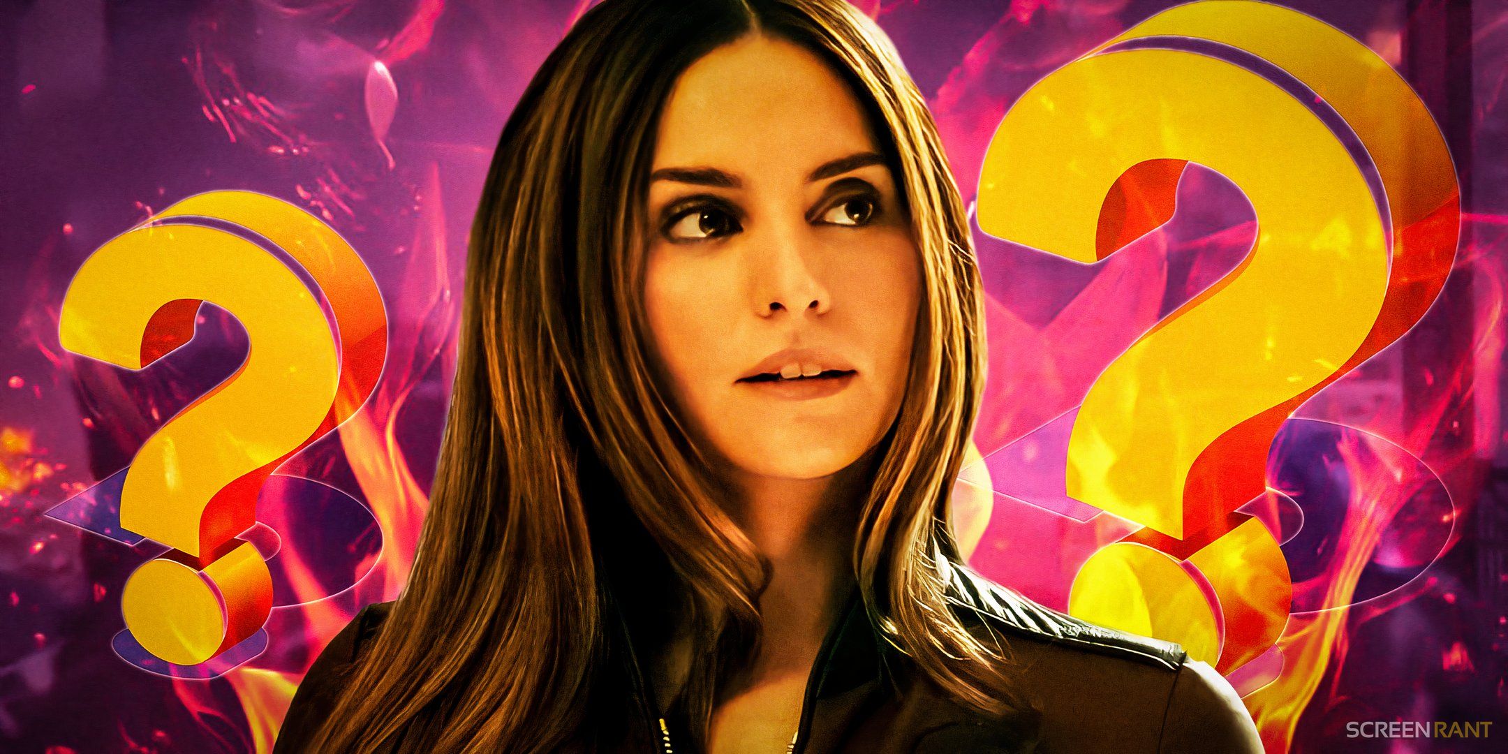 Genesis Rodriguez as Sloane in The Umbrella Academy with question marks.