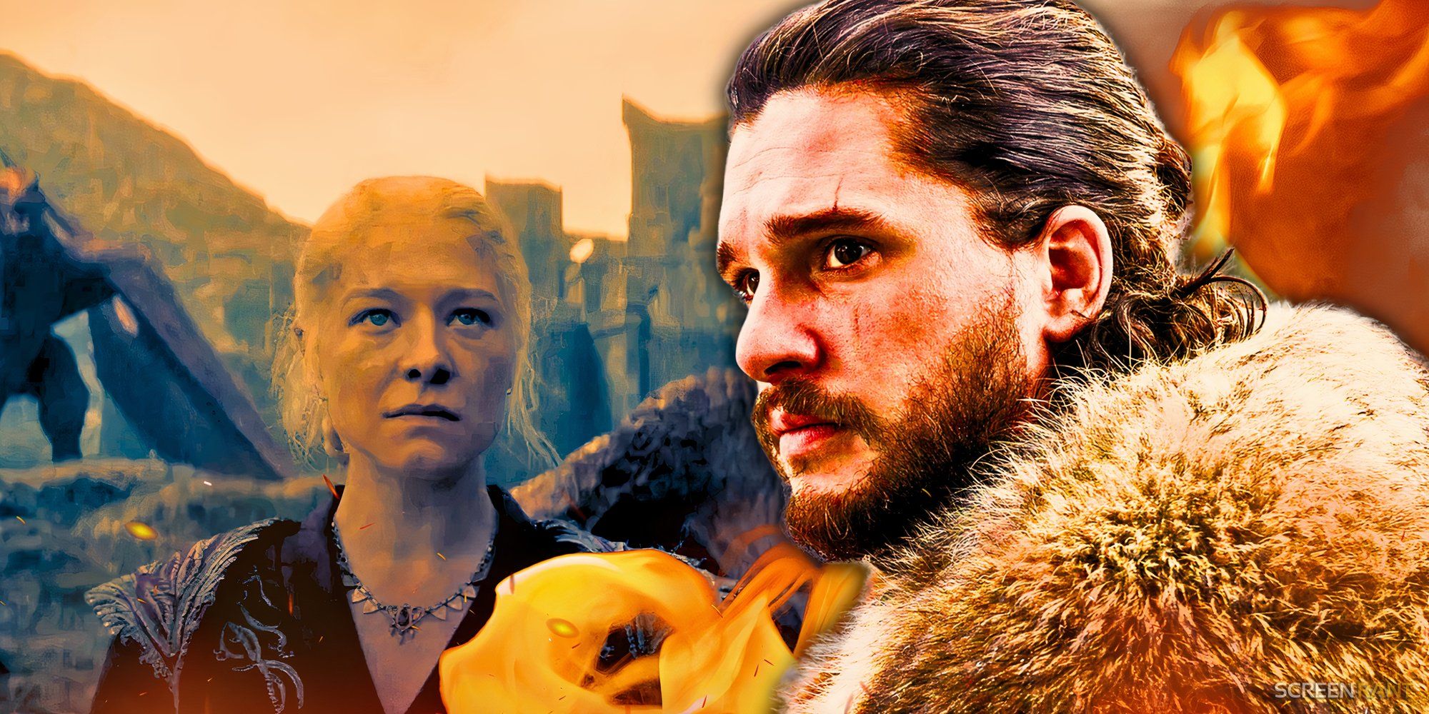 Jon Snow in Game of Thrones with Rhaenyra Targaryen in the background