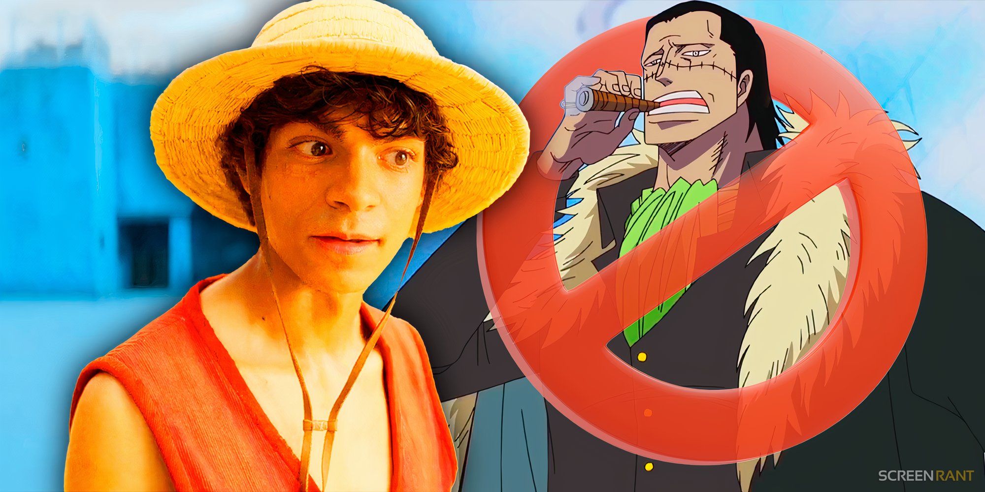 Inaki Godoy como Luffy em live-action em One Piece e Crocodile do anime riscado.