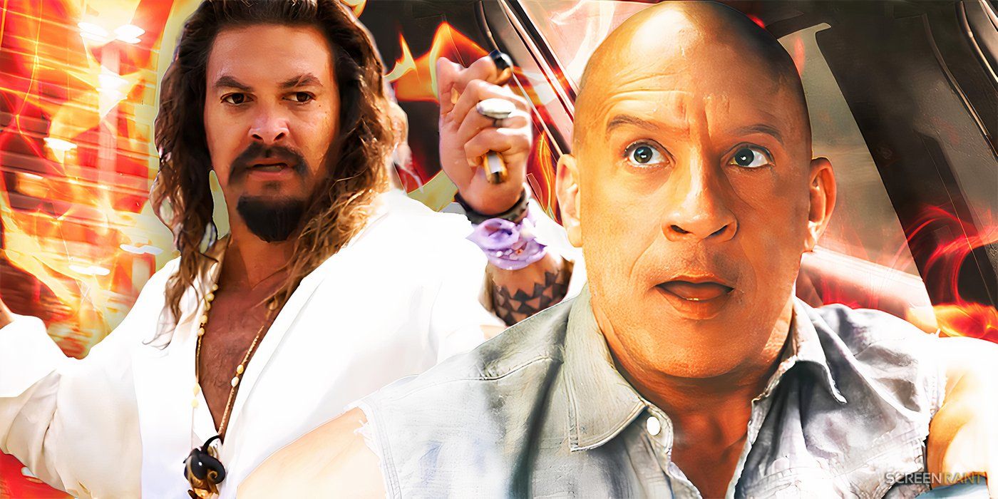 Jason Momoa as Dante and Vin Diesel as Dom looking scared with flames in Fast and Furious.