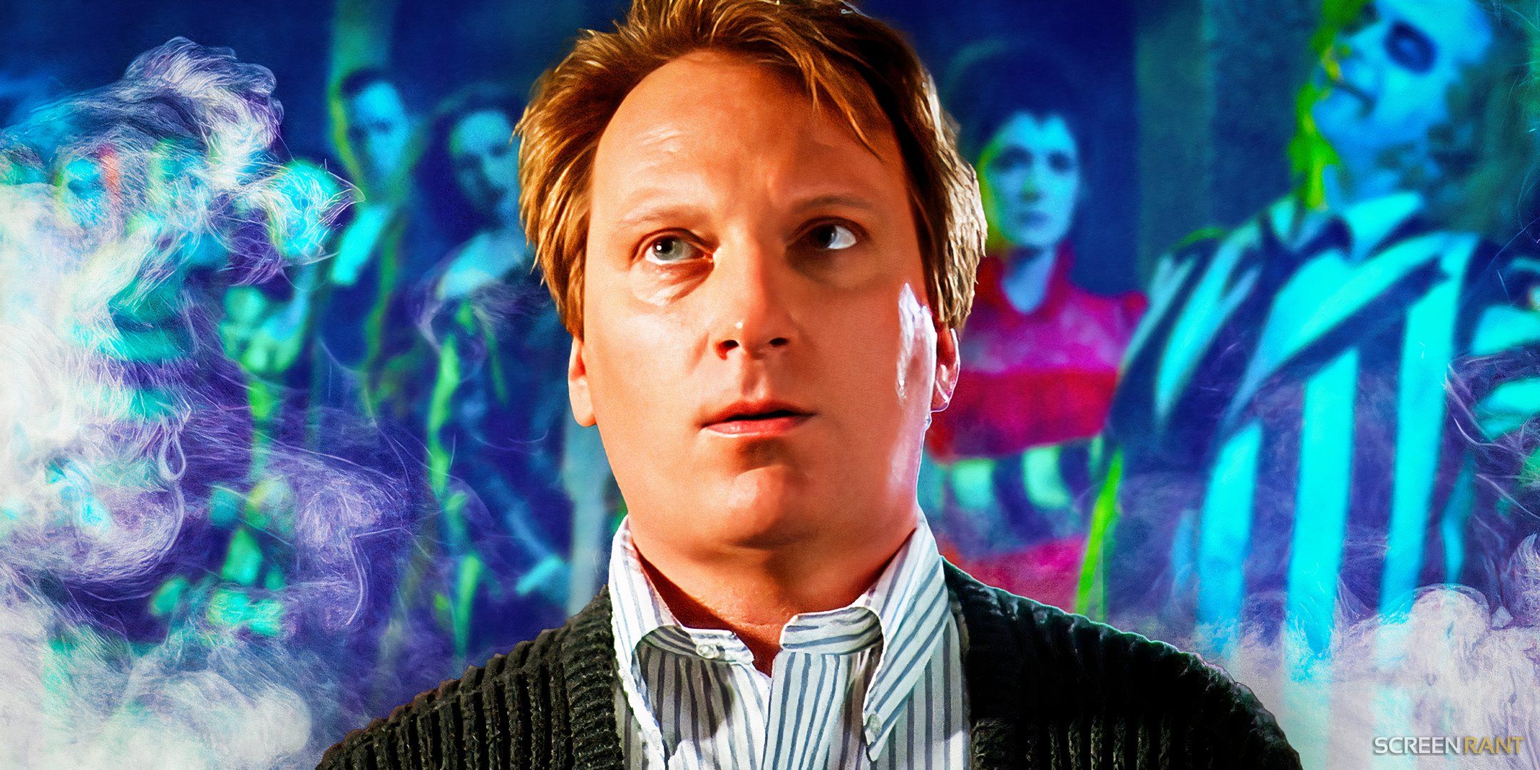 Jeffrey Jones como Charles em Beetlejuice com imagens de Beetlejuice 2 ao fundo