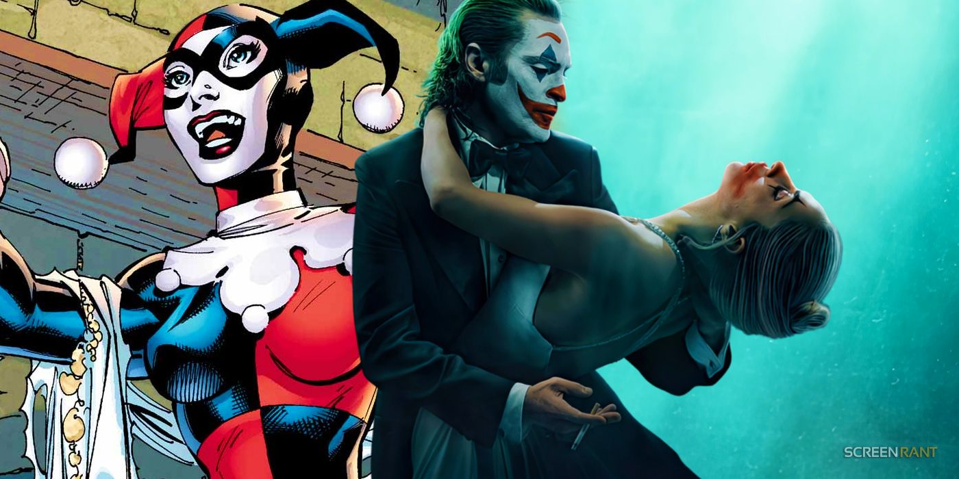 Joaquin Phoenix’s Arthur Fleck with Lady Gaga’s Harley Quinn and DC’s Harley Quinn behind them