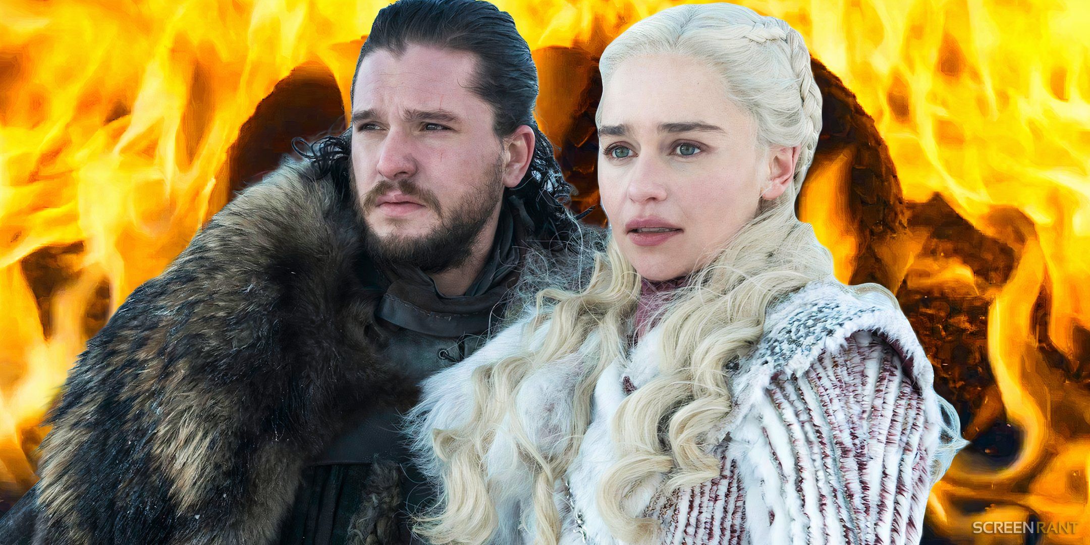 Jon Snow and Daenerys in Game of Thrones and dragon eggs on fire in House of the Dragon