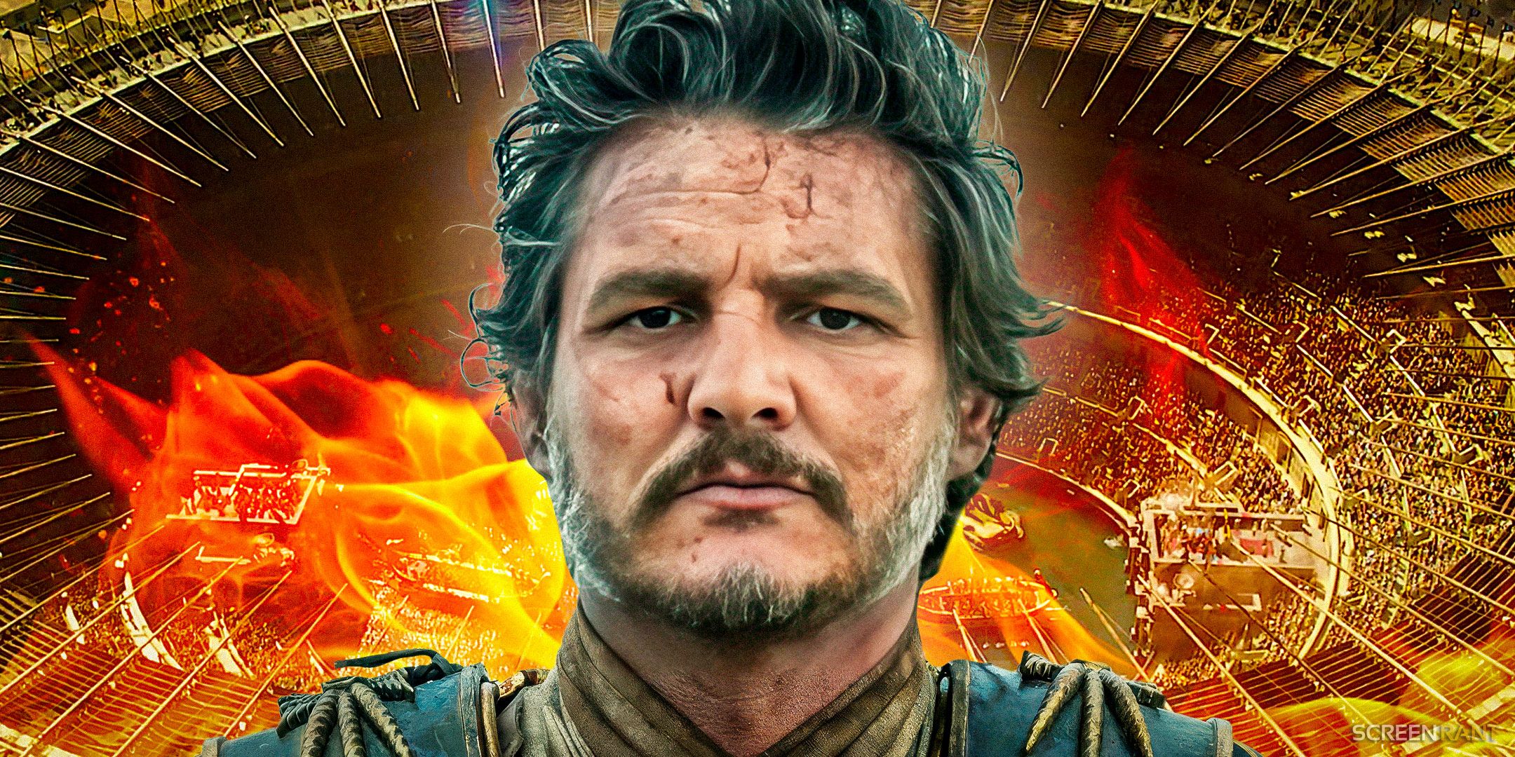 Pedro Pascal as Marcus Acacius from Gladiator 2 against a flaming colosseum
