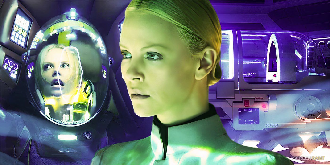 Two images of Charlize Theron as Vickers in Prometheus against a medipod background