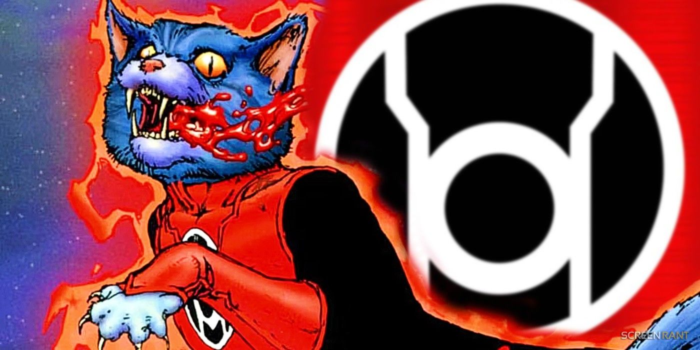 Comic book art: Red Lantern Dex-Starr, a blue cat, appears in front of the Red Lantern symbol.