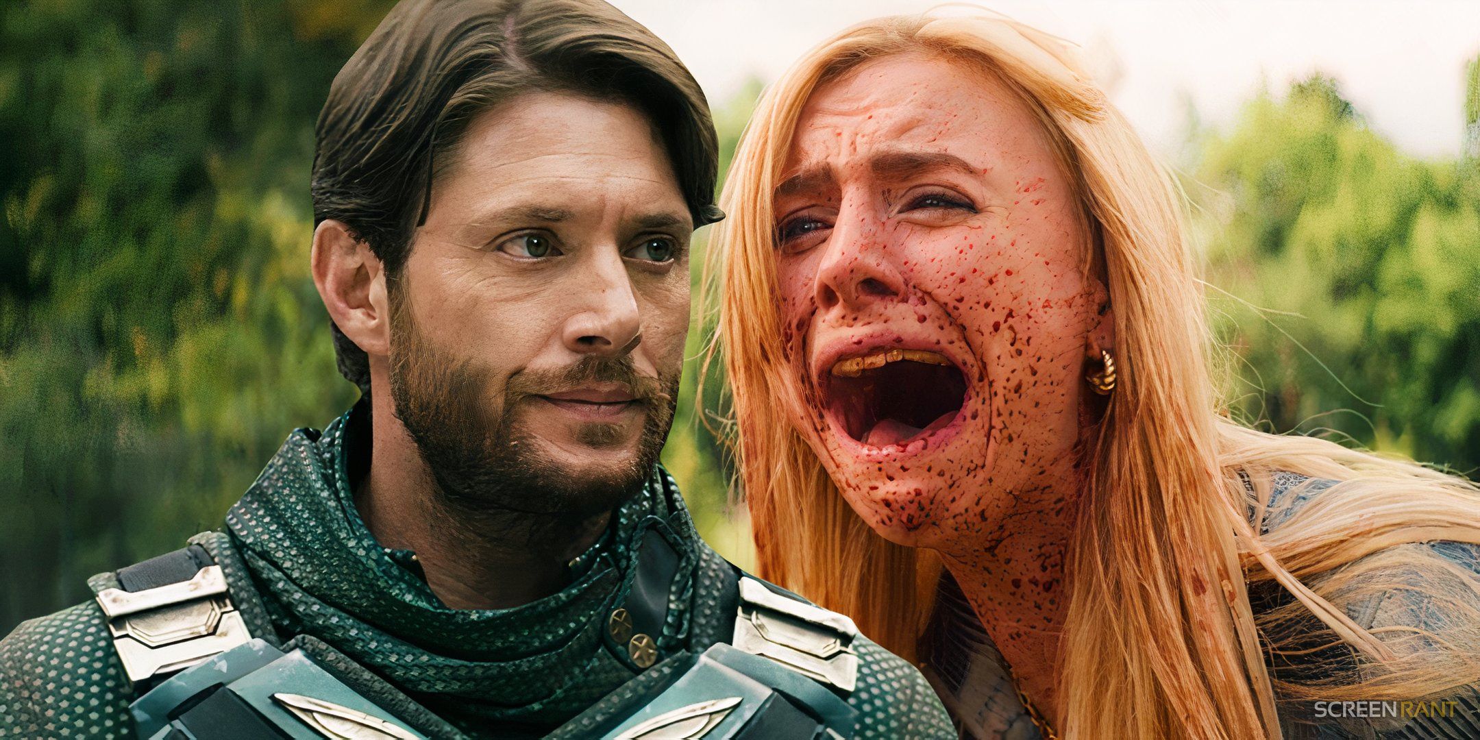 Soldier Boy in costume in The Boys season 3 and Cate screaming and bloody in Gen V season 1