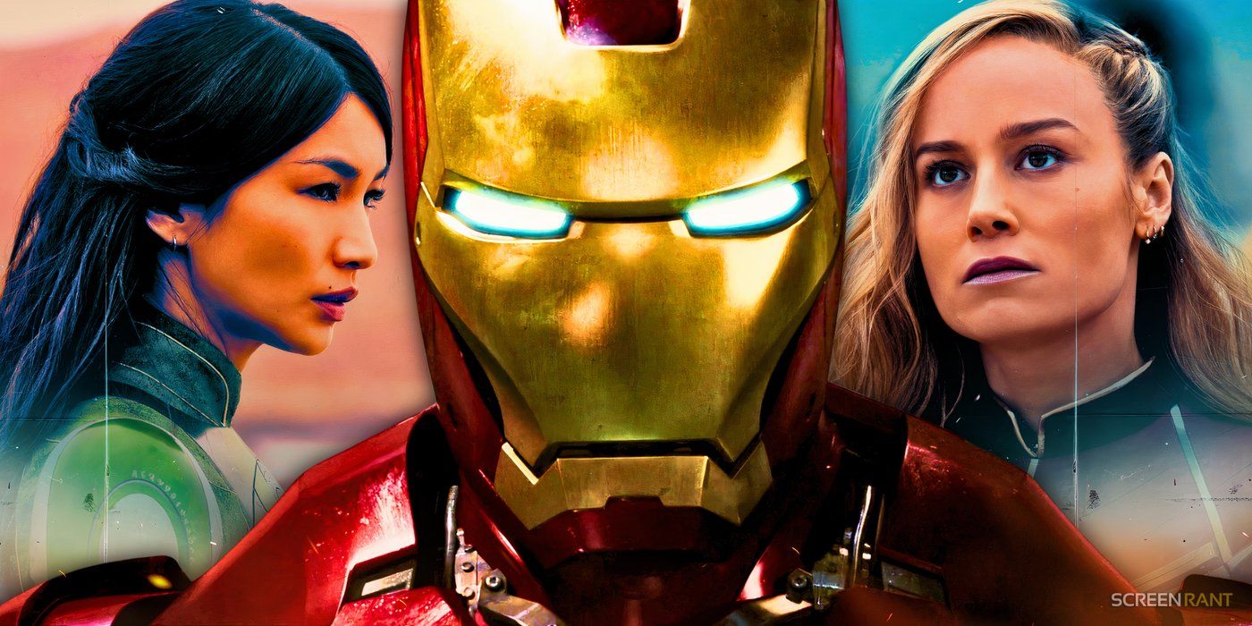 Gemma Chan's Sersi in Eternals, Iron Man from the 2008 movie, and Brie Larson's Captain Marvel from The Marvels