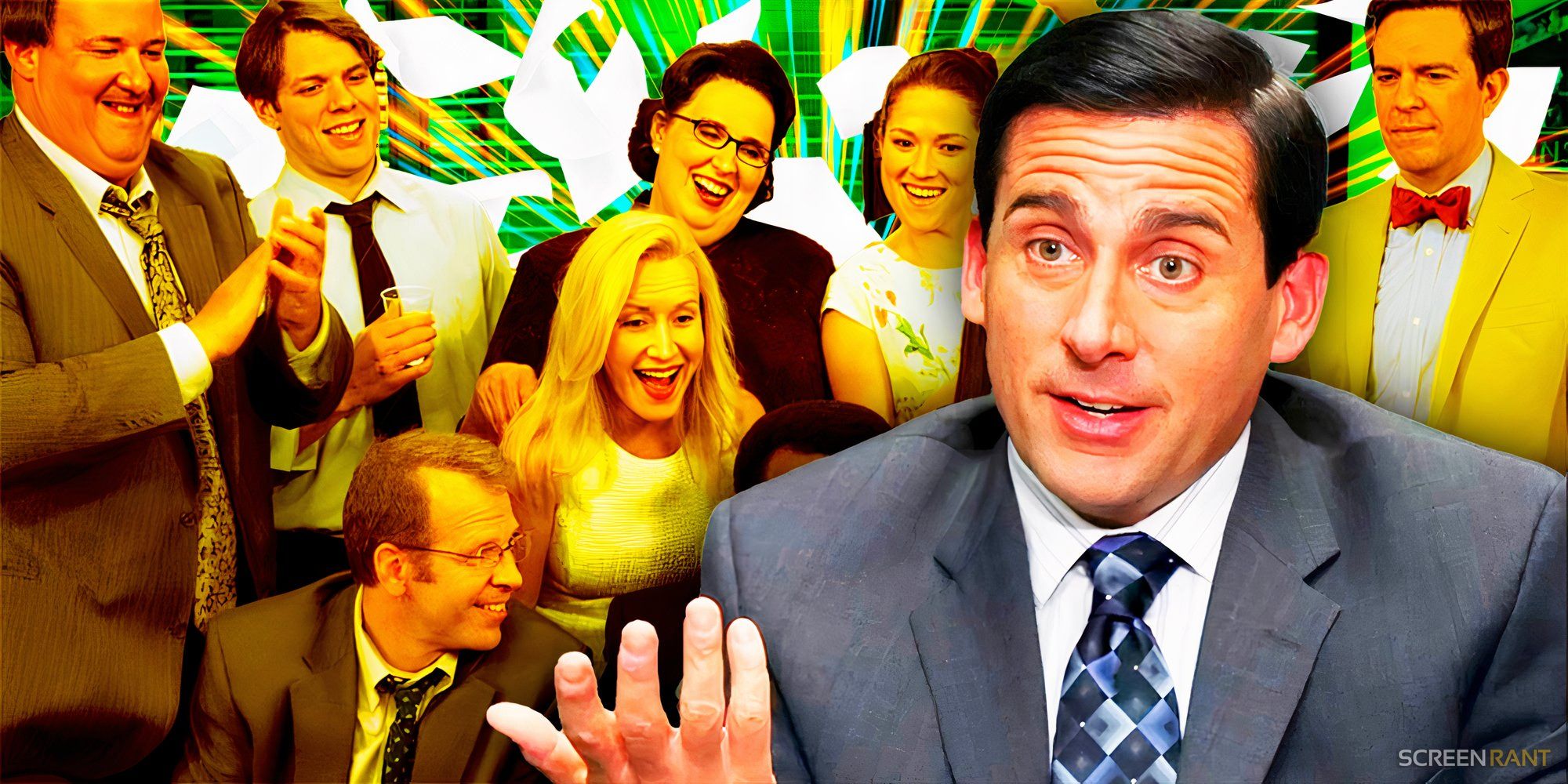 Steve Carell as Michael Scott with the rest of The Office cast in the background