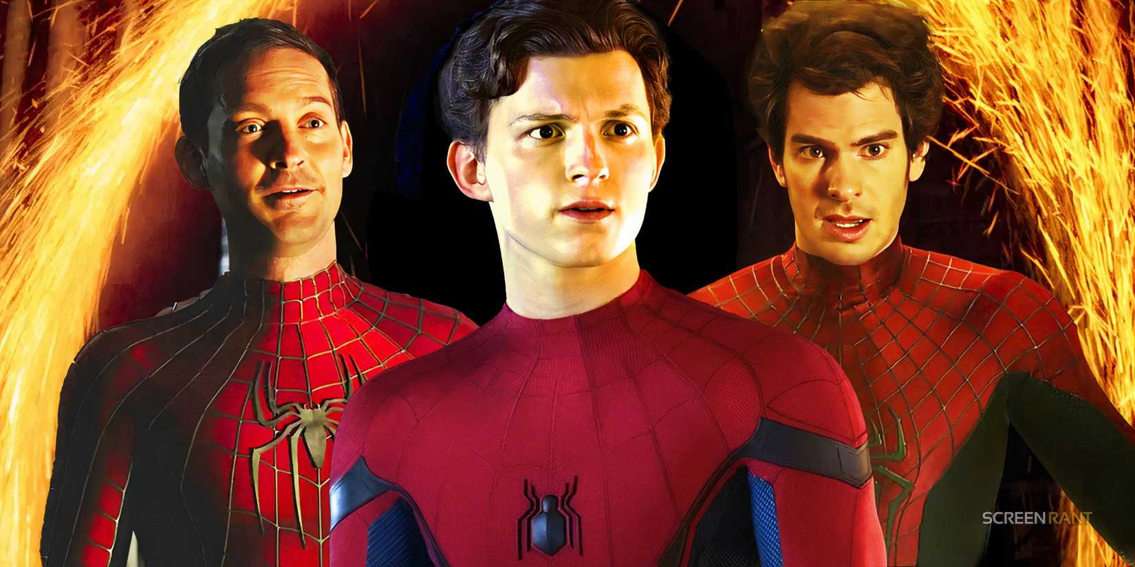 TobeyMaguire, Andrew Garfield and Tom Holland's Spider-Men in Spider-Man: No Way Home