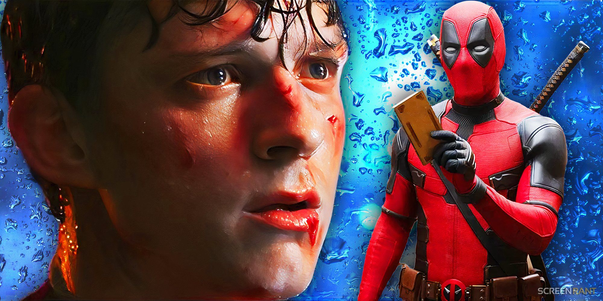 Tom Holland From Spider-Man: No Way Home and Deadpool from Deadpool & Wolverine with a rainy background