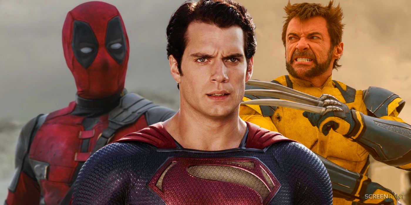 Henry Cavill como Superman con Deadpool de Ryan Reynolds y Wolverine de Hugh Jackman a su izquierda y derecha.