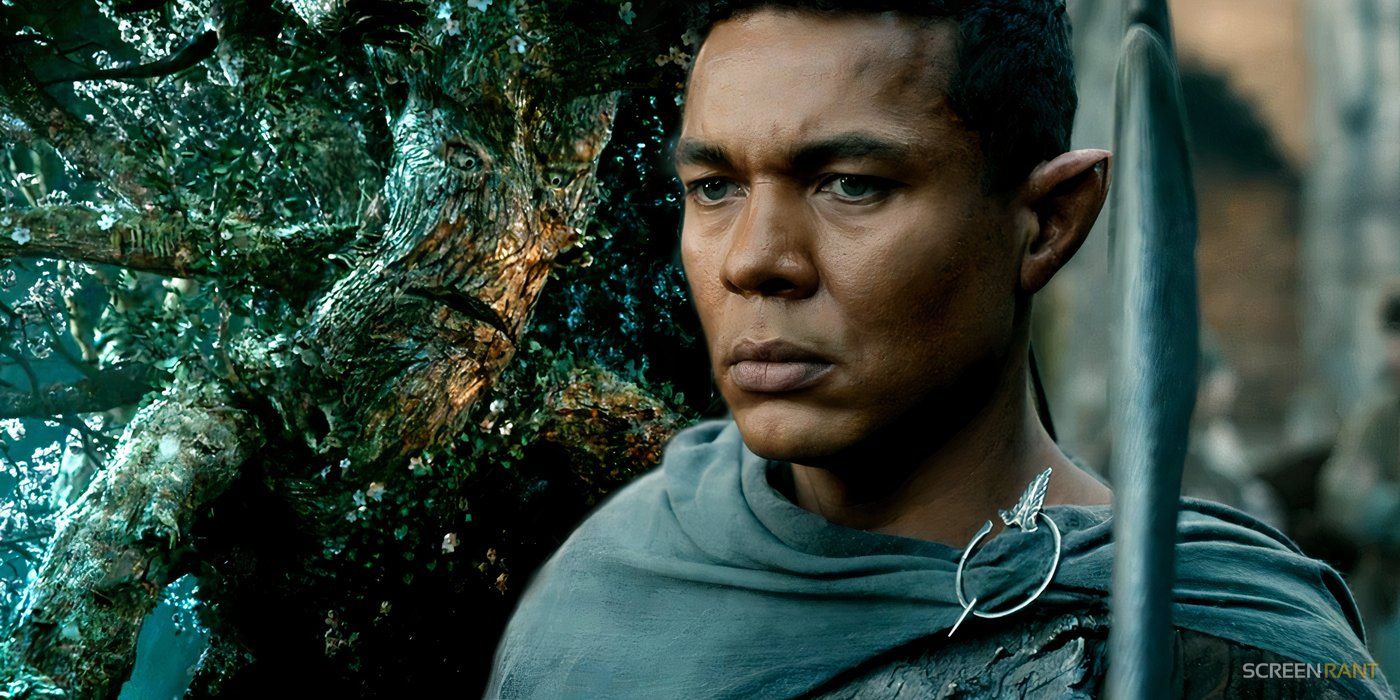 A female ent and Ismael Cruz Cordova as Arondir in Lord of the Rings: The Rings of Power.