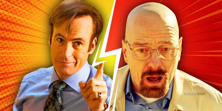 Bob Odenkirk as Saul Goodman in Better Call Saul pointing and Bryan Cranston as Walter White in Breaking Bad shocked.