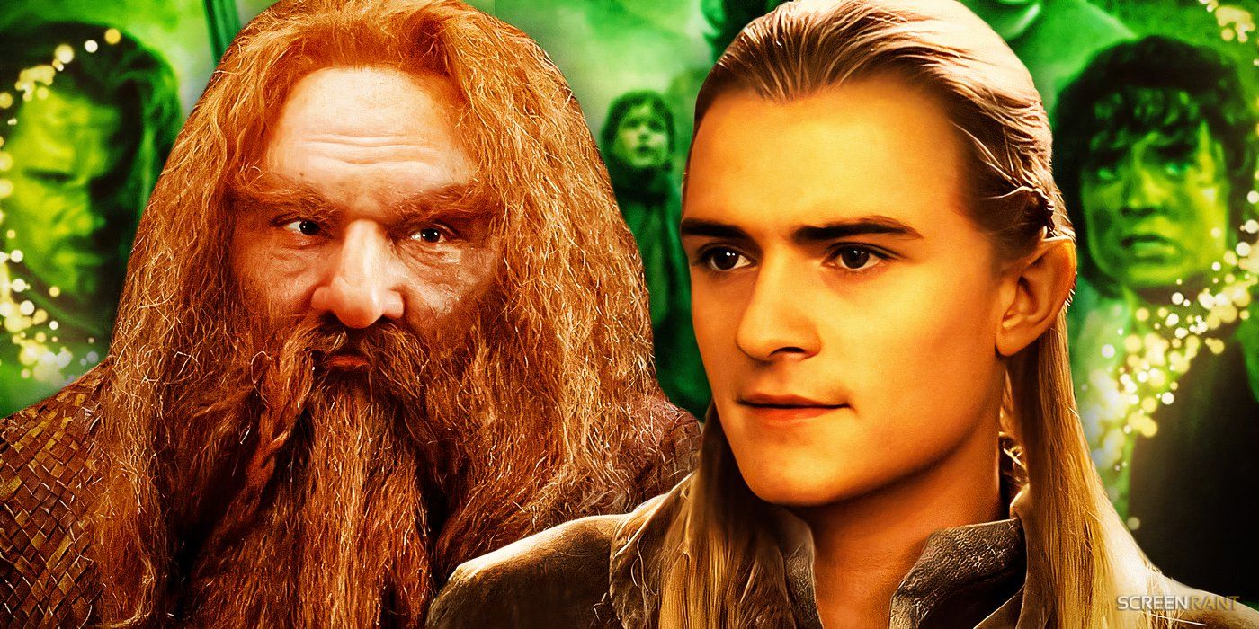 Close-ups of Orlando Bloom as Legolas and John Rhys Davies as Gimli in The Lord of the Rings.