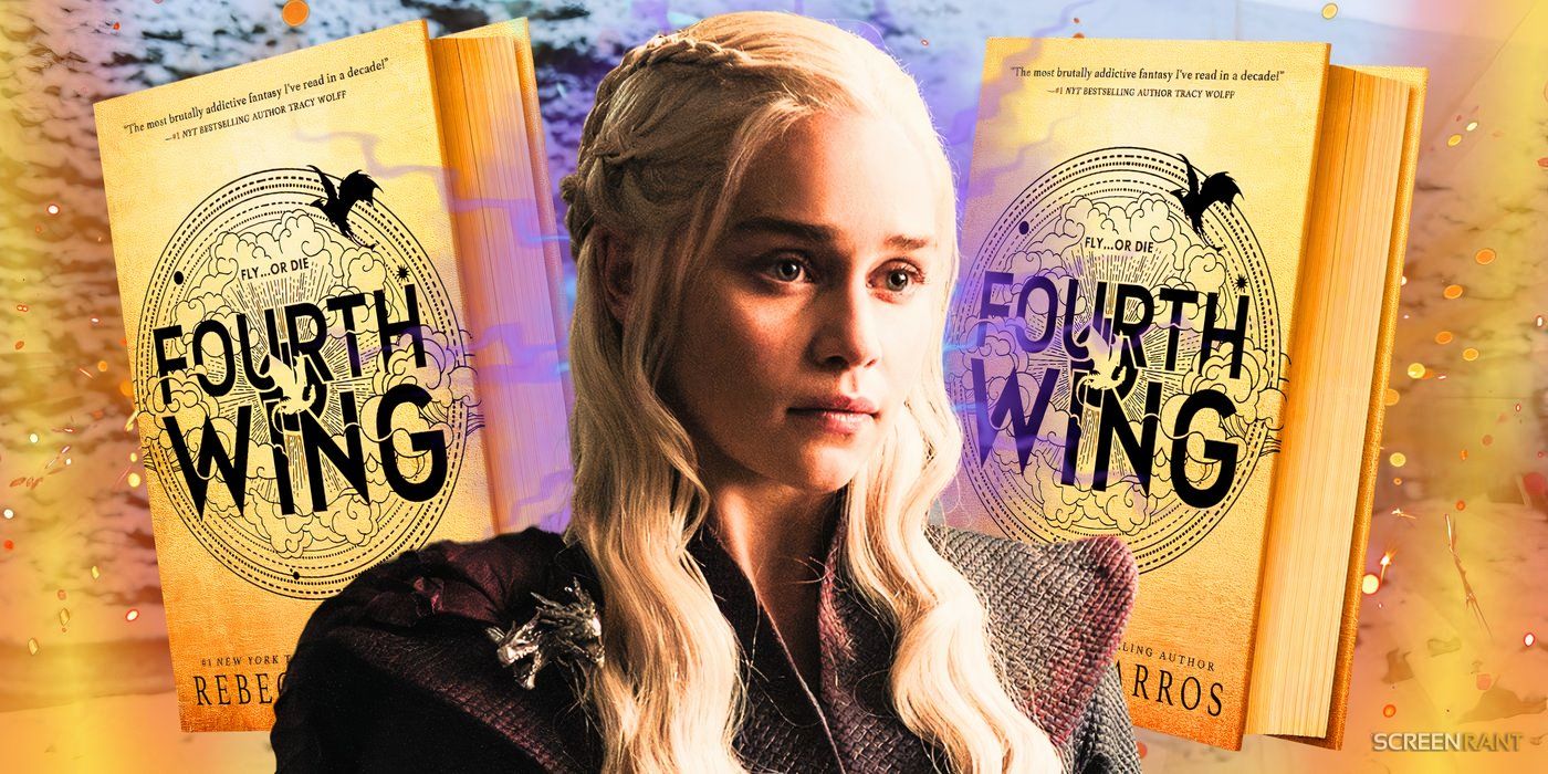 Daenerys (Emilia Clarke) looking stern and wearing red and black in Game of Thrones, with Fourth Wing book covers in the background