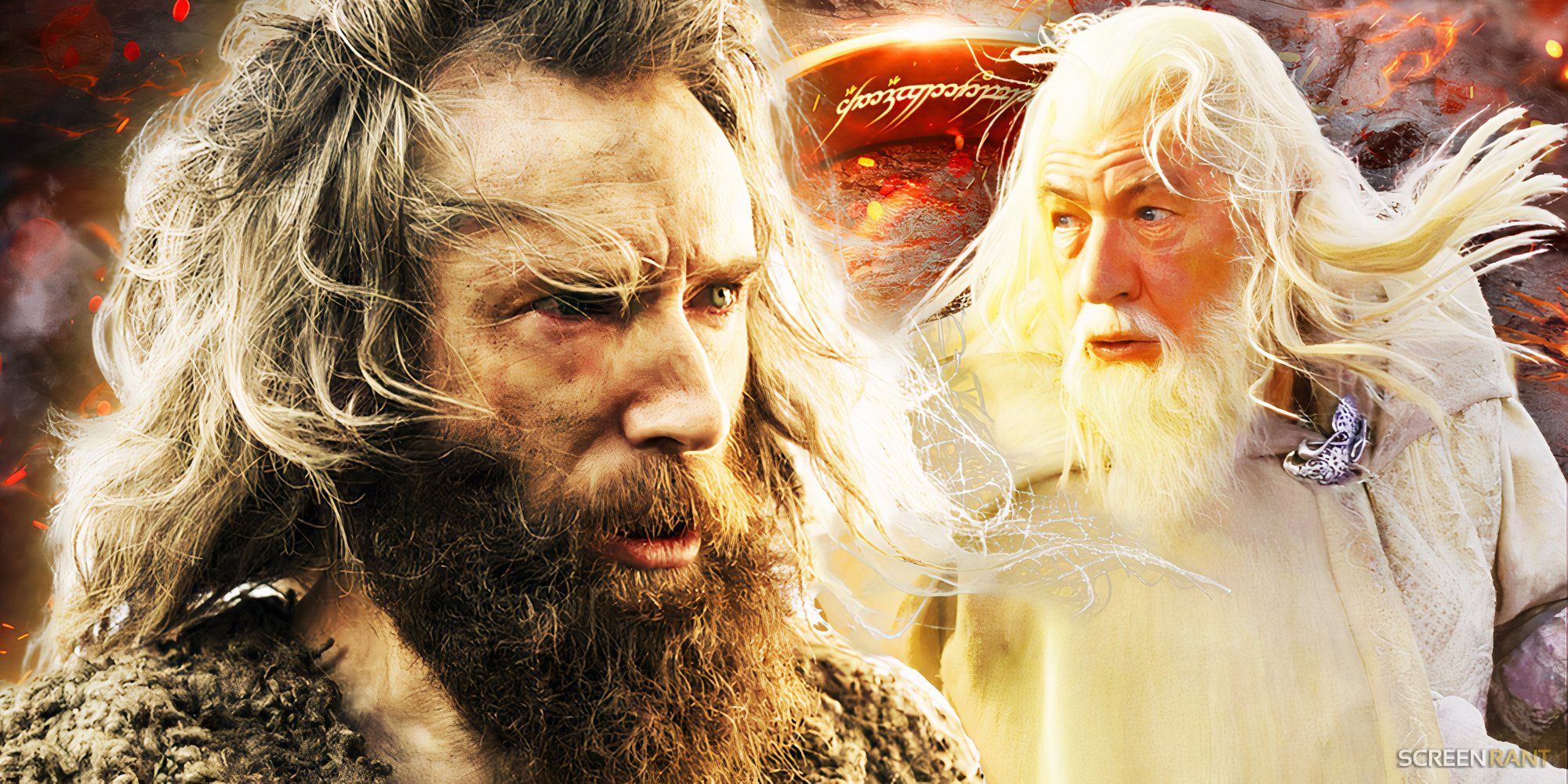 Daniel Weyman as The Stranger from The Rings of Power and Ian McKellen as Gandalf from Lord of the Rings.