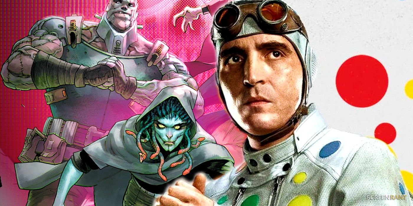 Comic book art of the Creature Commandos next to a promotional photo of David Dastmalchian as Polka-Dot Man in Suicide Squad.