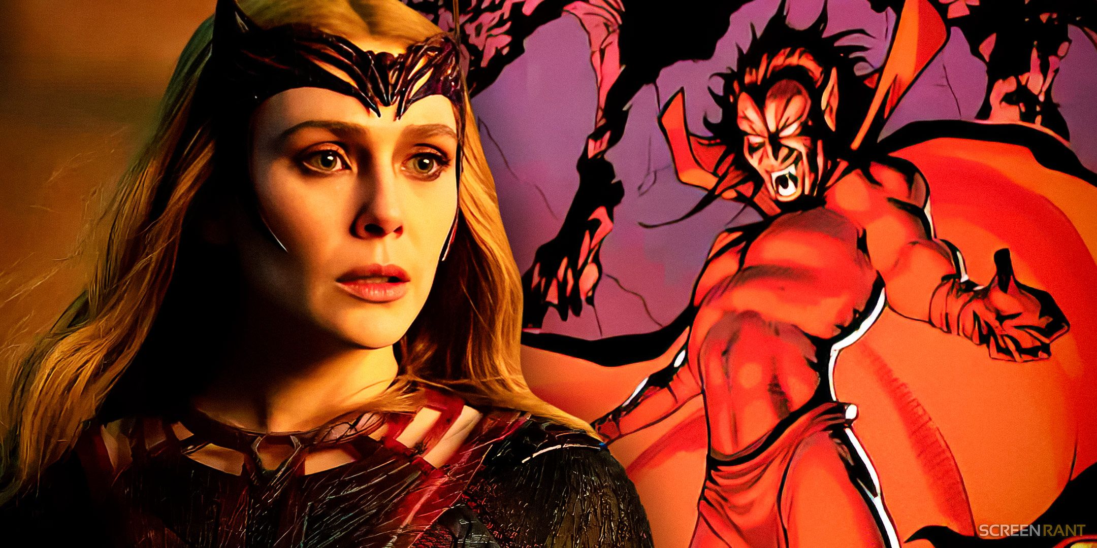 Elizabeth Olsen As Scarlet Witch In Doctor Strange in the Multiverse of Madness With Mephisto From Marvel Comics