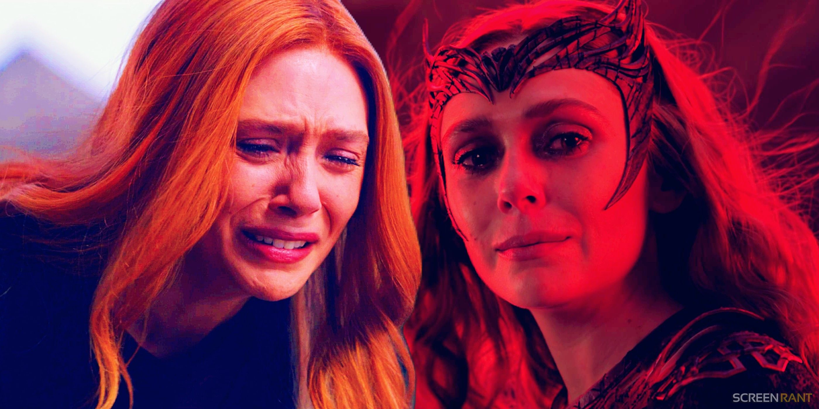 Elizabeth Olsen As Wanda Maximoff Crying In WandaVision And As Scarlet Witch Right Before Her Death In Doctor Strange in the Multiverse Of Madness