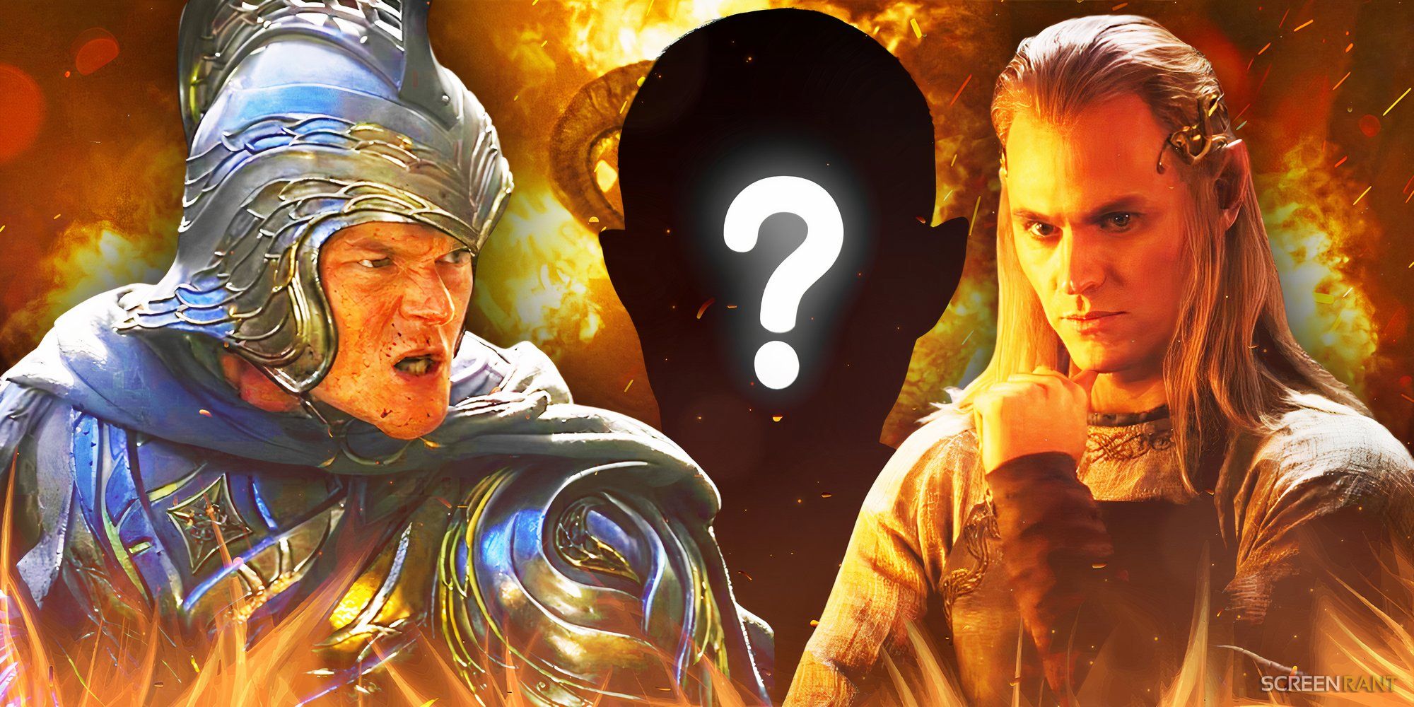 Elrond & Sauron from The Rings of Power on either side of a mystery silhouette.