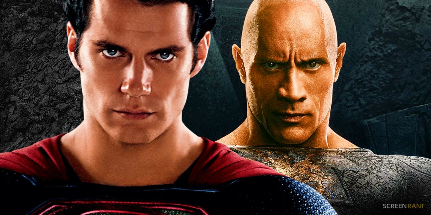 Henry Cavill's Superman and Dwayne Johnson's Black Adam staring intensely 