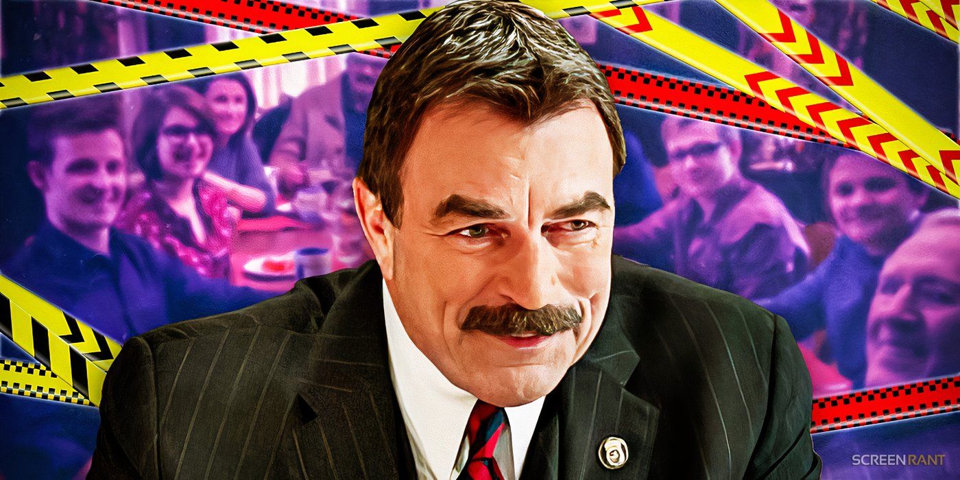 Tom Selleck in Blue Bloods with family dinner imagery in the background