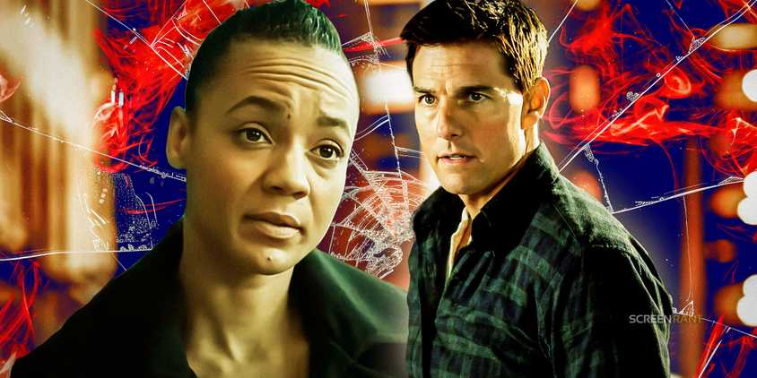 Maria Sten's Neagley from Amazon's Reacher with Tom Cruise's Jack Reacher against a shattered window
