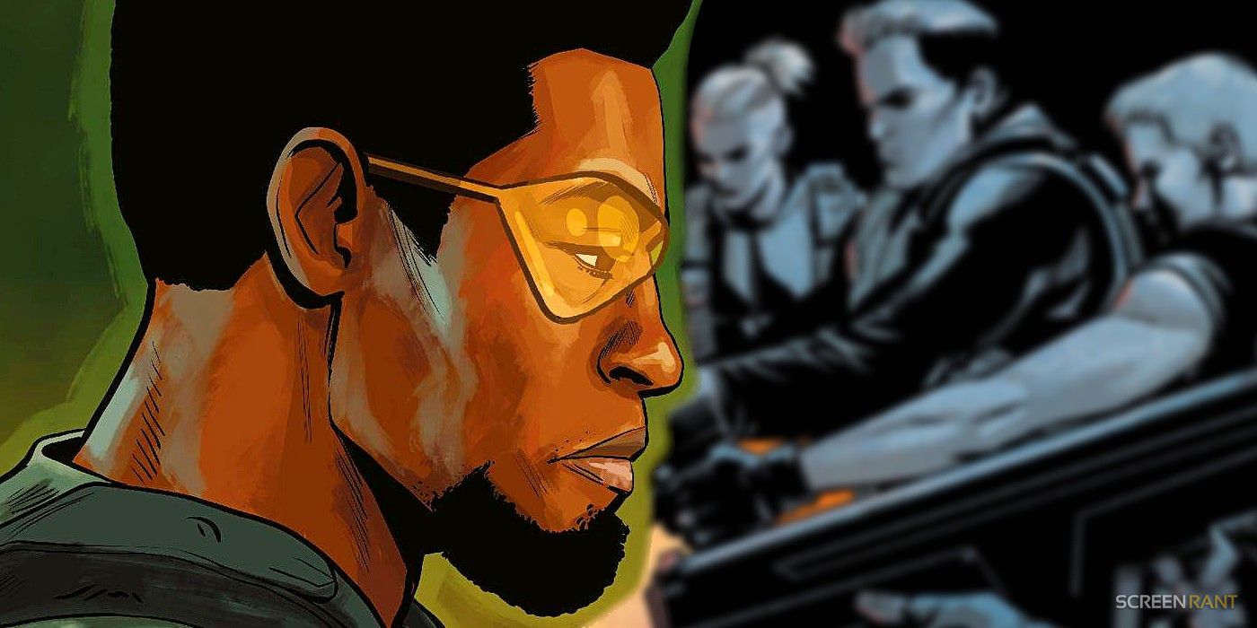 Comic book art: a Black man in yellow glasses looks somberly at a group of blurred people holding guns.