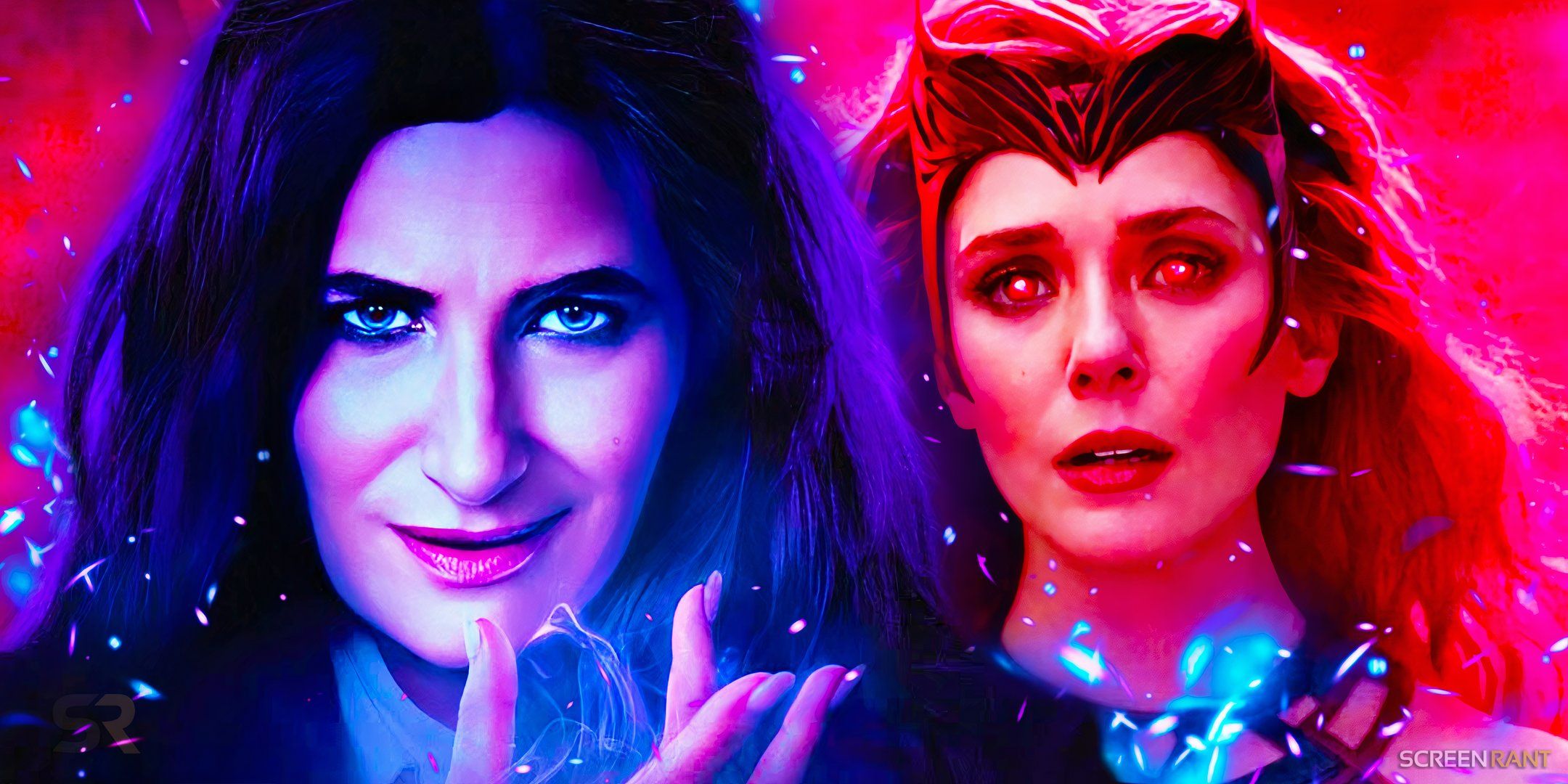 Agatha Harkness de Kathryn Hahn de Agatha Everyone y la Bruja Escarlata de Elizabeth Olsen de WandaVision usan sus poderes mágicos