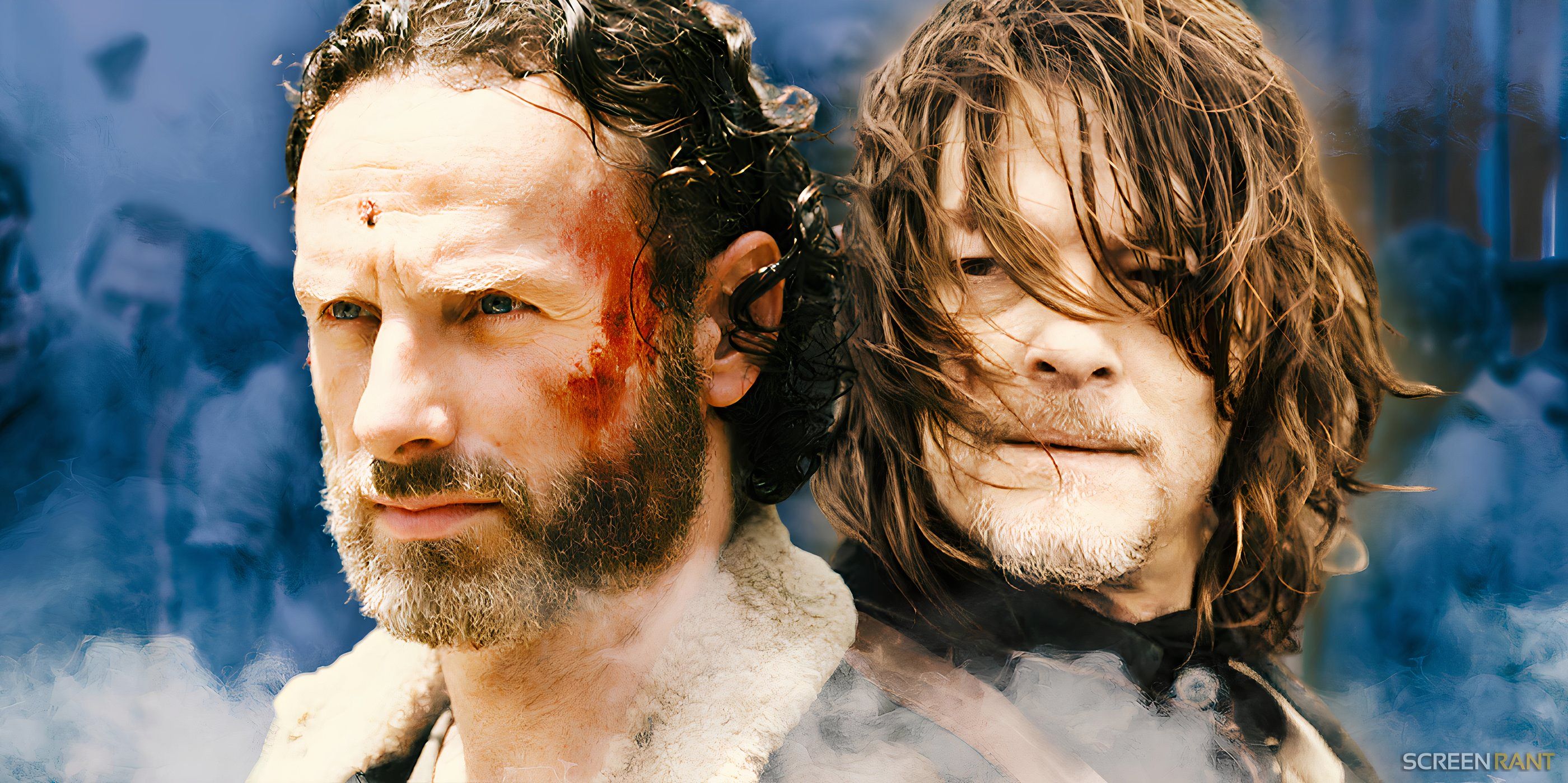 Andrew Lincoln as Rick Grimes and Norman Reedus as Daryl Dixon in The Walking Dead in front of smoke.