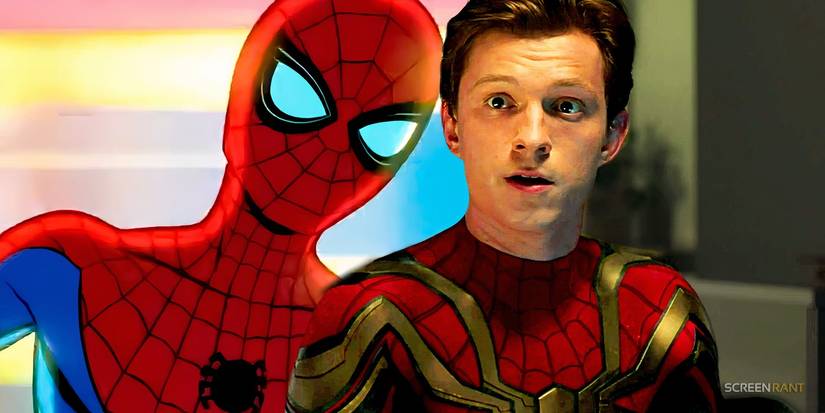 Animated Spider-Man and Tom Holland's unmasked Spider-Man from No Way Home