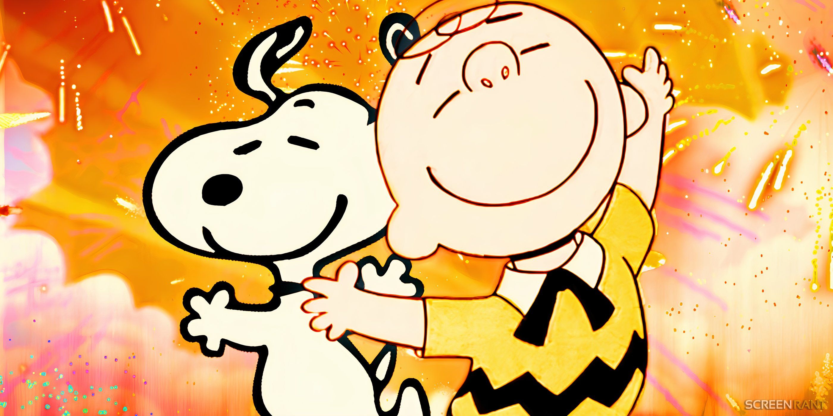 Charlie Brown and Snoopy jumping for joy in Peanuts.