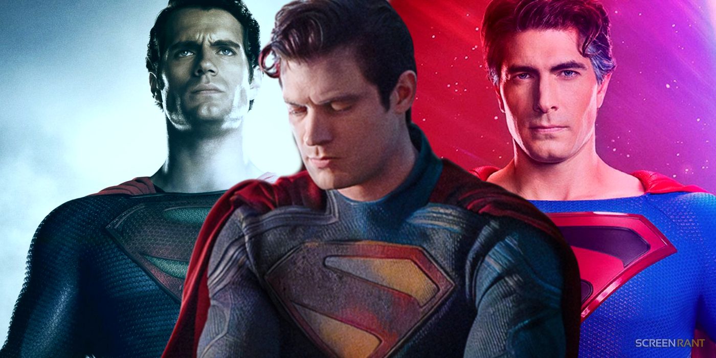 David Corenswet's Superman with Henry Cavill and Brandon Routh