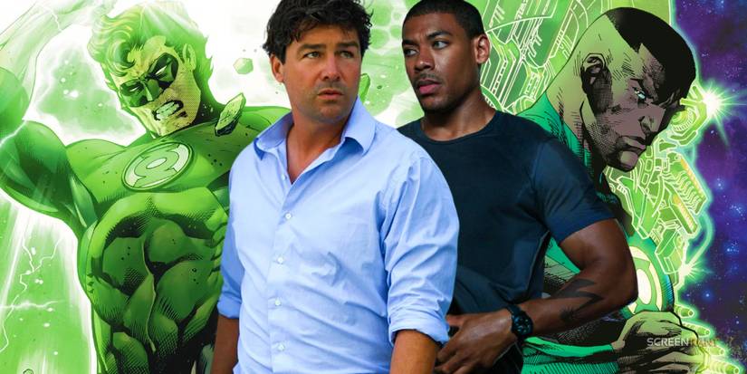 Kyle Chandler and Aaron Pierre next to Hal Jordan and John Stewart