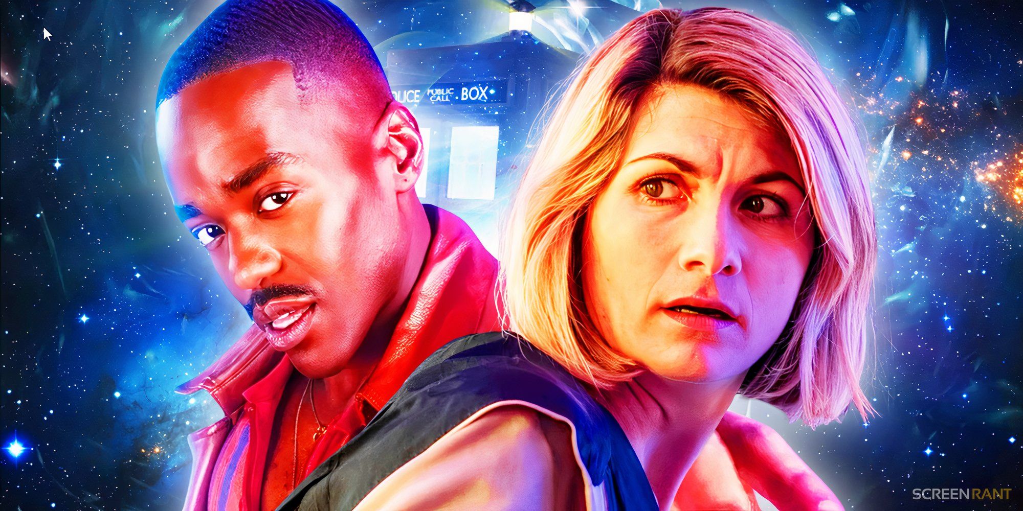 Ncuti Gatwa as the Fifteenth Doctor and Jodie Whittaker as the Thirteenth Doctor in front of the TARDIS in Doctor Who.