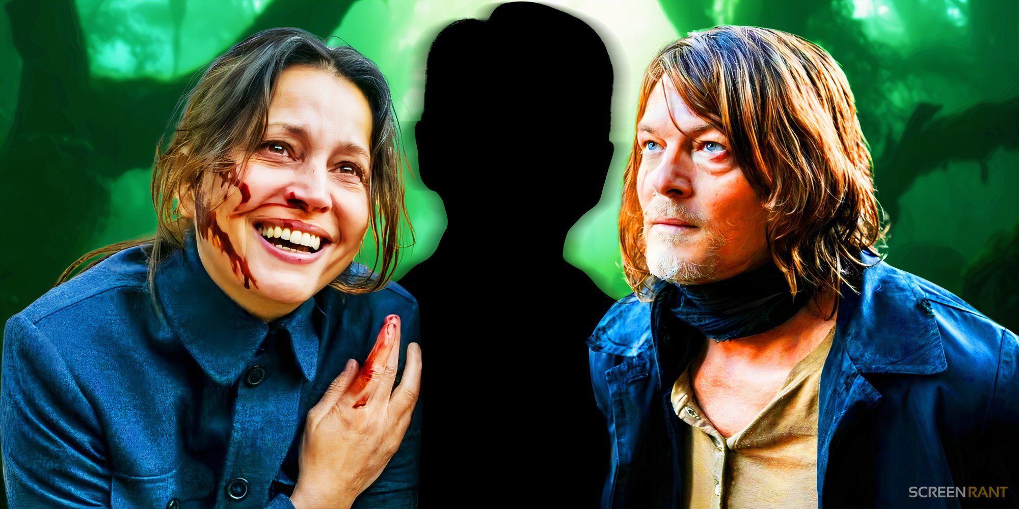 Norman Reedus as Daryl, Anne Charrier as Genet, and a mystery silhouette in The Walking Dead: Daryl Dixon.