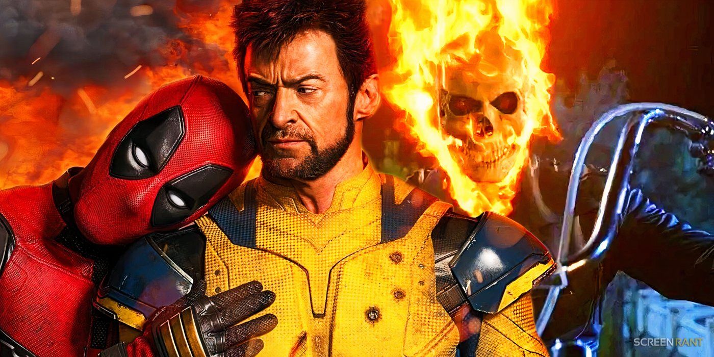 Ryan Reynolds' Deadpool with his head on the shoulder of Hugh Jackman's Wolverine in Deadpool & Wolverine poster and Nicolas Cage's Ghost Rider on his bike