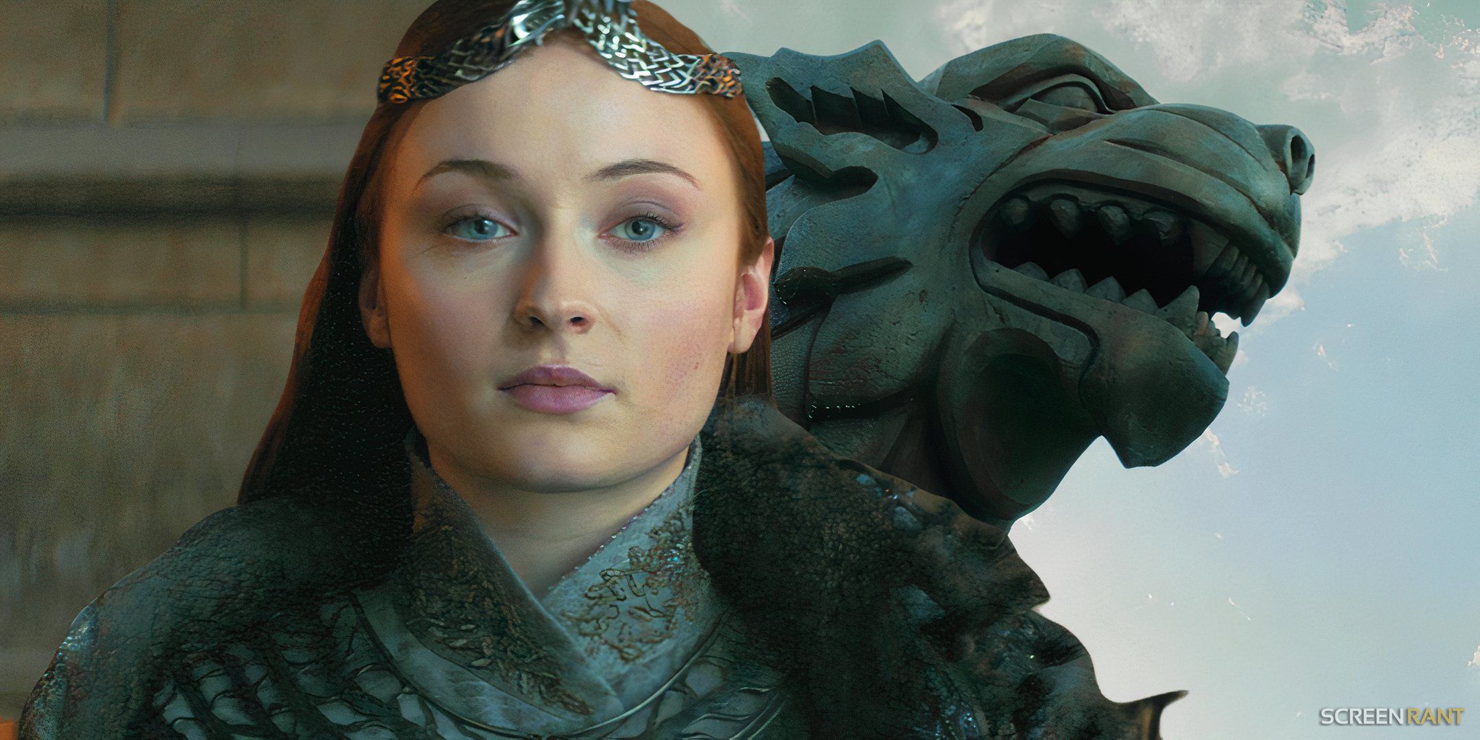 Sansa (Sophie Turner) as Queen in the North in Game of Thrones season 8 and a Stark direwolf statue on a ship