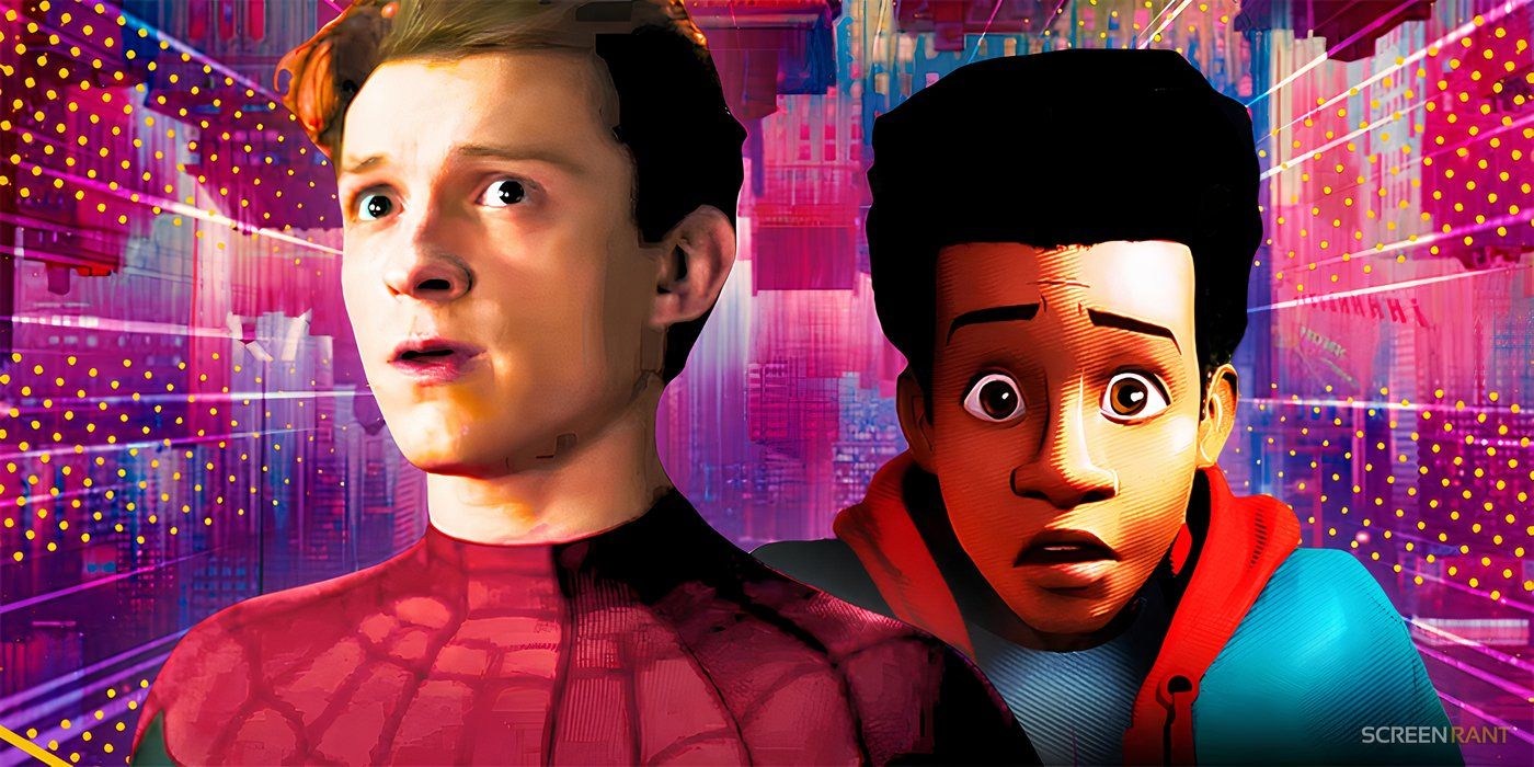 Tom Holland's unmasked Spider-Man and Miles Morales from the Spider-Verse series look shocked