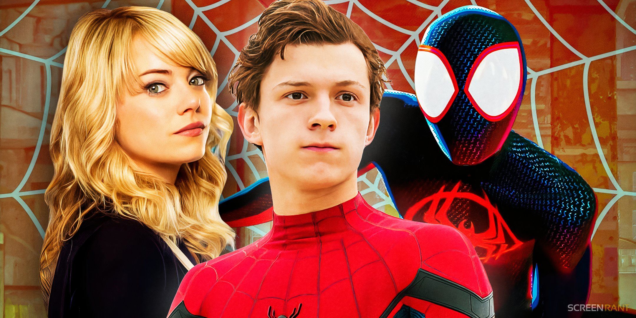 Tom Holland's Peter unmasks in the Spider-Man suit in the middle with Emma Stone's Gwen Stacy and The Spider Verse's Miles Morales