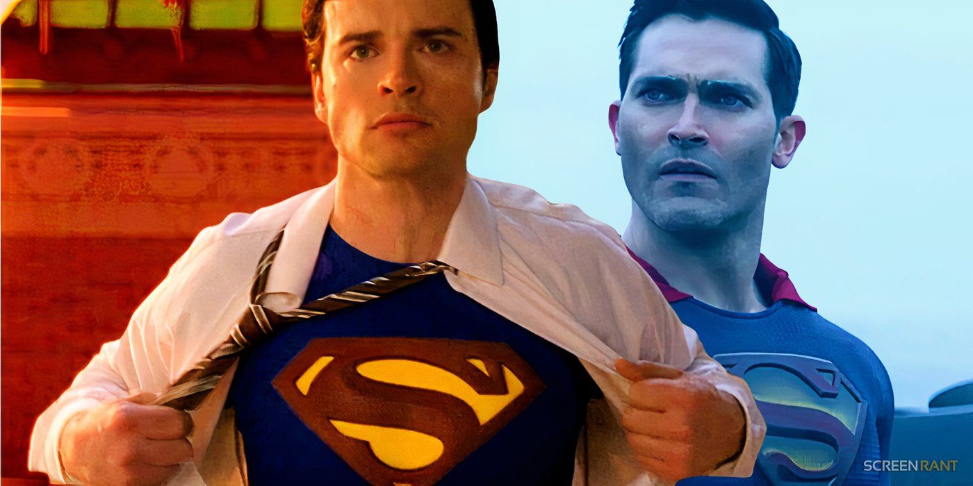 Tom Welling's Clark Kent from Smallville ripping open his shirt to show the Superman suit and Tyler Hoechlin's Superman looking concerned in Superman & Lois